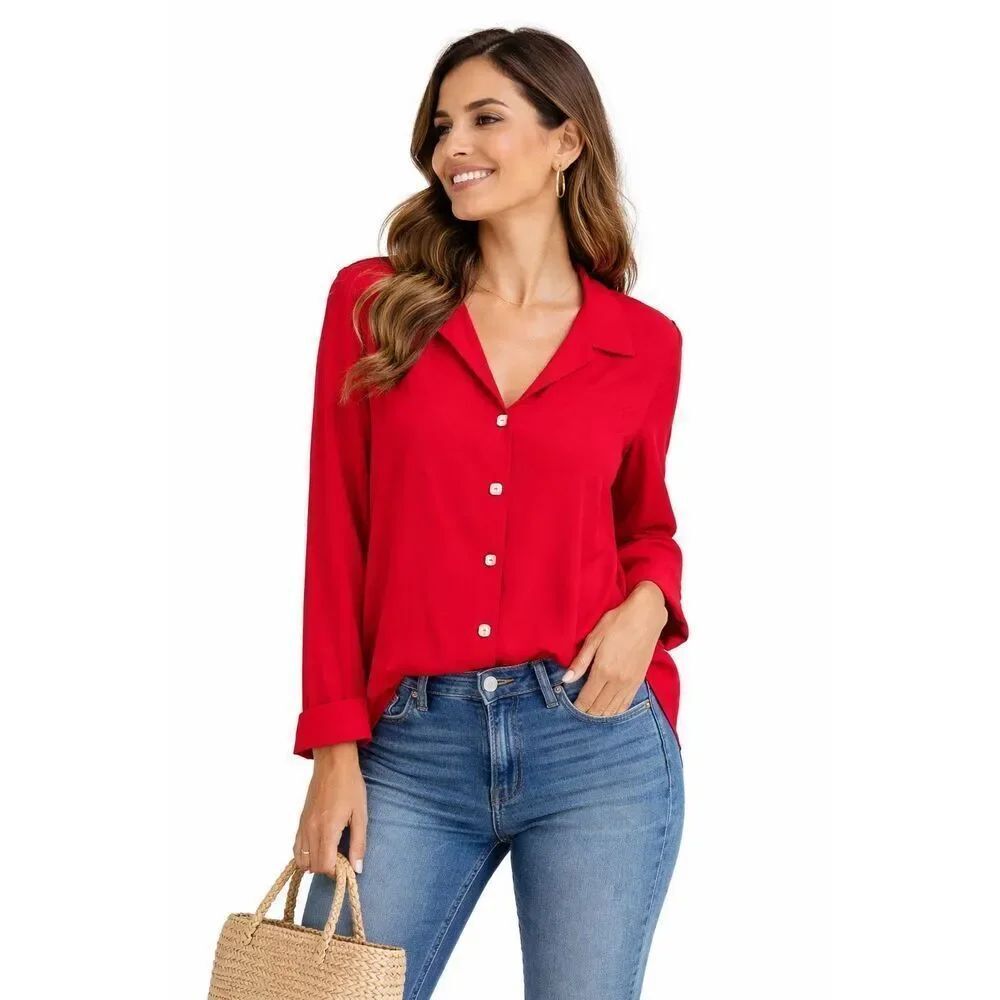 Susan Graver Style Red Button Front Blouse Medium Collared Top Workwear
